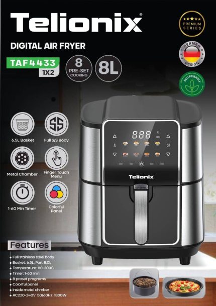 سرخ‌کن بدون روغن دیجیتال Telionix مدل TAF4433 ظرفیت 8 لیتر